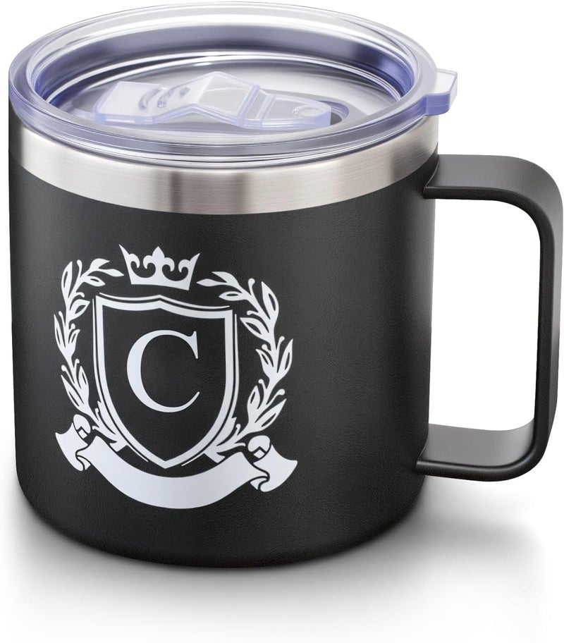 MNZZ Personalized 14 Oz Initial Insulated Coffee Mug with Lid Travel Large Cup Men Him Boyfriend Bf Fiance Mr 1 One Year First Anniversary Meaningful Romantic Christmas Valentines Custom Day Gifts,C - Image 1